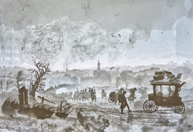 F | FROTEUFEL | Foto: Nikolaus Frank Ein Bild aus Papier von einer Kutsche, die sich von einer Stadt entfernt.