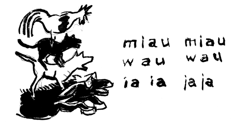 DrachenFels | Doktor Allwissend (Ausschnitt) | © Henrik Schrat Strichzeichnung der vier Bremer Stadtmusikanten mit Schrift "miau wau ia"