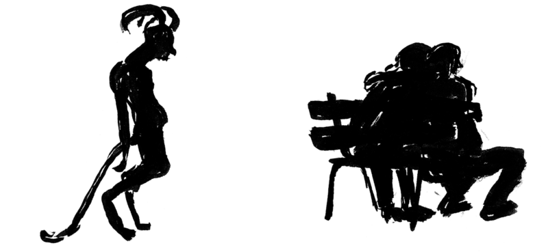 DrachenFels | Das Mächen ohne Hände | © Henrik Schrat Ein Teufel steht hinter zwei Personen, die auf einer Parkbank sitzen.