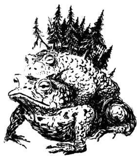 DrachenFels | Die drei Männlein im Walde | © Henrik Schrat Strichzeichnung zweier Kröten, auf denen ein Wald wächst