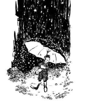 DrachenFels | Die Sterntaler | © Henrik Schrat Strichzeichnung des Sterntaler in Gummistiefeln mit Regenschirm