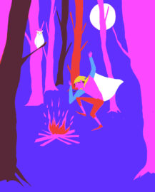 Illustration zu Rumpelstilzchen aus den Kinder und Hausmärchen der Brueder Grimm 2023 | Illustration: Yu Kim Illustration von tanzendem Rumpelstilzchen