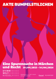 Ausstellungmotiv »AKTE RUMPELSTILZCHEN. Eine Spurensuche in Märchen und Recht« | © GRIMMWELT Kassel Ausstellungmotiv mit einem tanzenden Rumpelstilzchen
