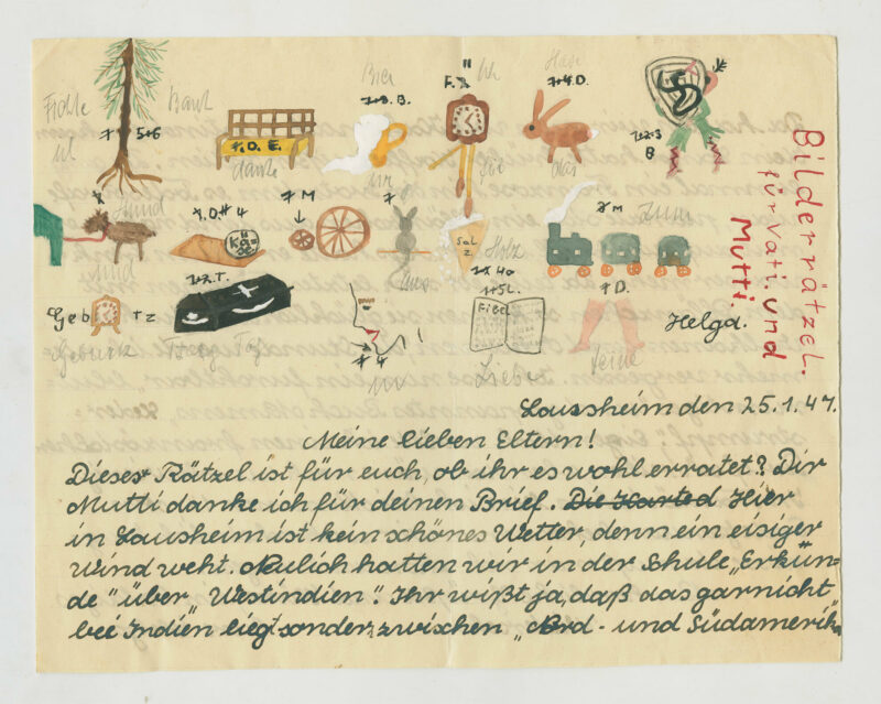 Brief an die Eltern von Helga Gebert Meine lieben Eltern: handschriftlicher Brief mit kleinen gezeichneten Elementen wie Hase oder Baum.