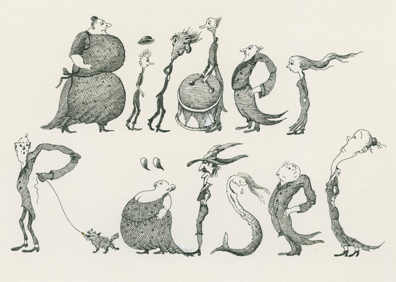 Illustration zu: Das grosse Raetselbuch | Beltz 1979 Der Text Bilderrästel erscheint in Buchstaben die wie Menschen aussehen