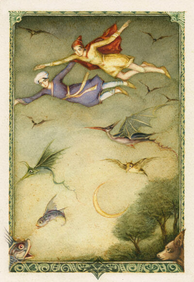 Sonderausstellung ZWISCHEN GESTALTEN | Illustration: Die Geschichte von Dschamila der Meerfrau und ihrem Sohn, dem König Badr Bâsim von Persien | © Helga Gebert Die Geschichte von Dschamila der Meerfrau und ihrem Sohn, dem König Badr Bâsim von Persien - die Illustration zeigt 2 fliegende Menschen