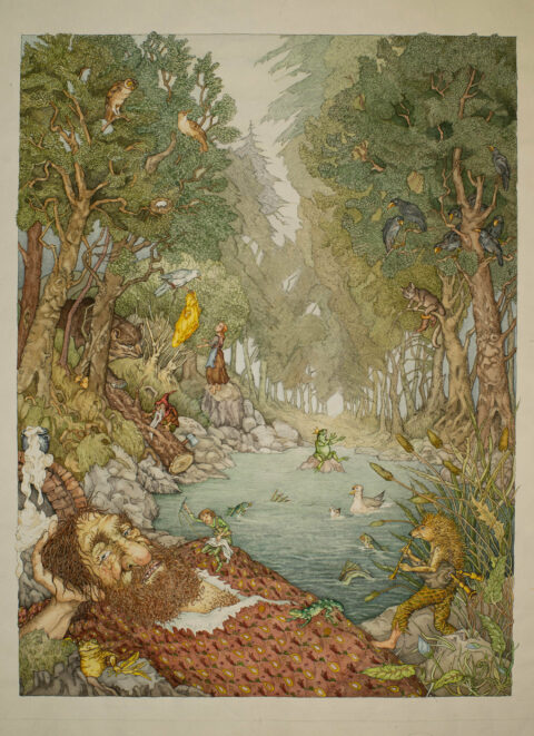 Sonderausstellung ZWISCHEN GESTALTEN | Helga Gebert, Illustration Grimm Wimmelbild, (unveröffentlicht, o.J.) Das buntes Wimmelbild zeigt einen Wald, Fluß oder See, auf dem Boden liegt ein Zwerg oder Riese, viele Tiere tummeln sich drumherum