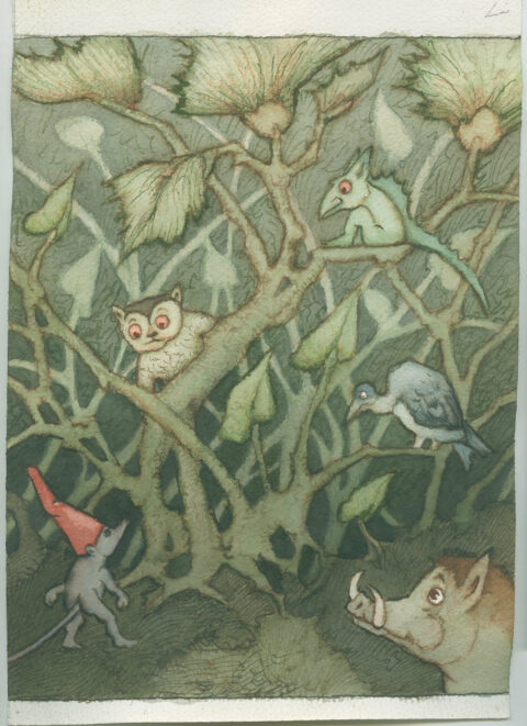 Sonderausstellung ZWISCHEN GESTALTEN | Helga Gebert, Illustration zu »Igel und Maus«, (unveröffentlicht, o.J.) Illustration mit Tieren im Gestrüpp