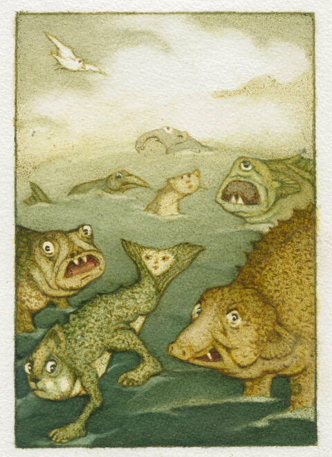 Sonderausstellung ZWISCHEN GESTALTEN | Helga Gebert, freie Arbeit, (unveröffentlicht, o.J.) Verschiedene Fantasietiere im Wasser