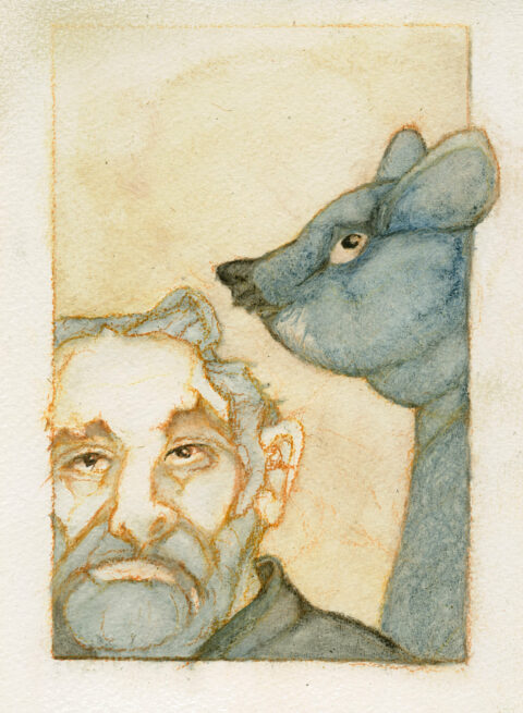 Illustration: freie Arbeit von Helga Gebert (Abb. 3) Illustration zeigt links einen älteren Mann und rechts ein Tierwesen.