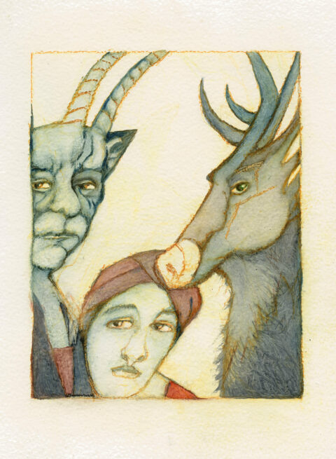 Illustration: freie Arbeit von Helga Gebert (Abb. 4) Illustration von 3 Köpfen: einmal ein Mensch in der Mitte, links ein Mensch-Tier-Wesen mit Hörnern und rechts ein Tier