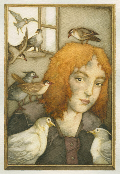 Sonderausstellung ZWISCHEN GESTALTEN | Illustration zum Märchen der Brüder Grimm: Aschenputtel | (c) Helga Gebert Die Illustration zeigt Aschenputtel. Ein Mädchen mit vielen Vögeln auf Kopf und Schultern.