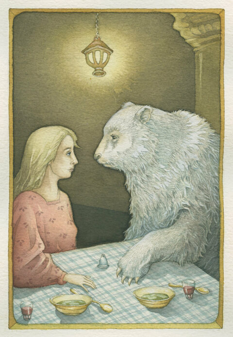 Sonderausstellung ZWISCHEN GESTALTEN | Illustration Oestlich von der Sonne und westlich vom Mond | (c) Helga Gebert Die Illustration von Helga Gebert zu »Östlich von der Sonne und westlich vom Mond« zeigt ein Mädchen und einen Eisbär am Tisch sitzend