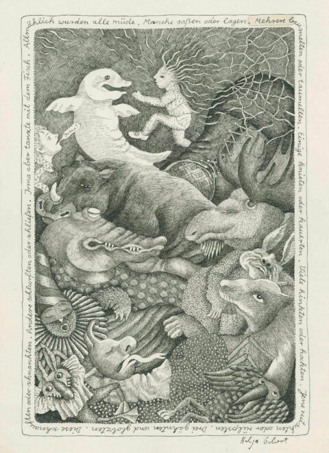 Sonderausstellung ZWISCHEN GESTALTEN | Helga Gebert, Illustration zu »Irma sucht Eugen. Bildgeschichte« (Bilder-Buch; 17), Beltz & Gelberg, 1975 Schwarz/weiße Bildgeschichte