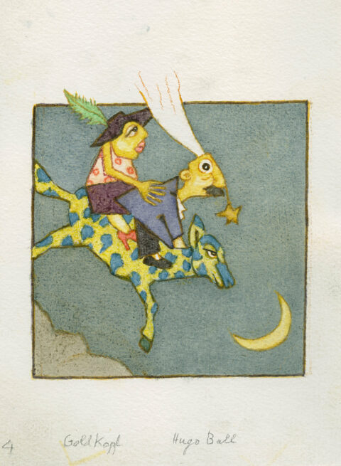 Illustration zu: Goldkopf von Hugo Ball Illustration zeigt ein gepunktetes Tier mit zwei lustigen Figuren aus dem Rücken, reitend in der Nacht