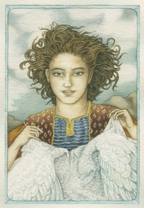 Sonderausstellung ZWISCHEN GESTALTEN | Illustration zu »Umtschegin und die Schwanenmädchen« | (c) Helga Gebert Die Illustration von Hega Gebert zeigt ein Mädchen mit Schwanenflügeln