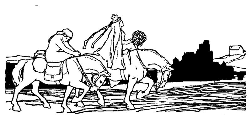 Die Gänsemagd | Illustration: Otto Ubbelohde Ein Holzschnitt von Otto Ubbelohde zeigt die zwei Reiter, einer davon ist die Prinzessin - die Gänsemagd.