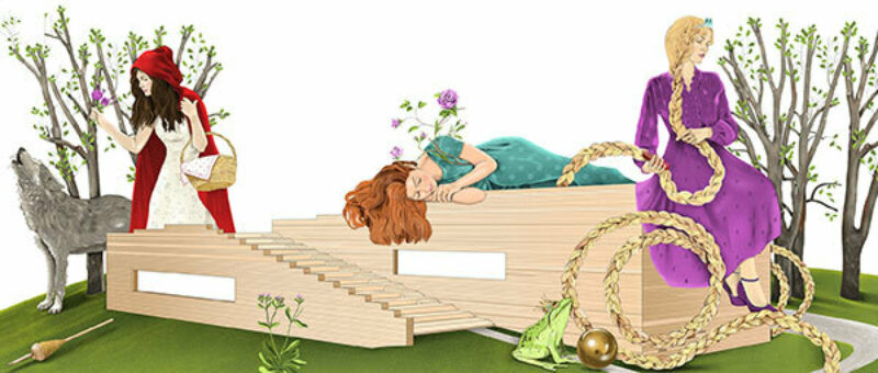 GRIMMWELT zu Gast in der GALERIA | Gesamtansicht der Märchenillustration | Illustration: Aliaa Abou Khaddour Auf der Illustration ist das Gebäude der Grimmwelt mit den drei Märchenfiguren Rotkäppchen, Dornröschen und Rapunzel zu sehen.