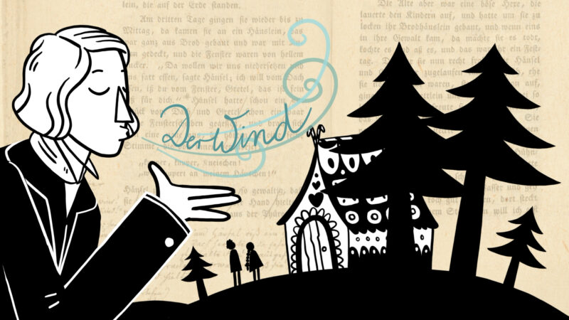 Animated film Children's and Household Tales | Illustration: Katrin Nicklas Ein Trickfilmausschnitt zeigt, wie Wilhelm Grimm das Wort Wind in den Wald mit dem Hexenhaus haucht.