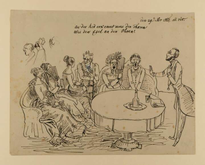 Caricature of a social gathering | Illustration: Ludwig Emil Grimm