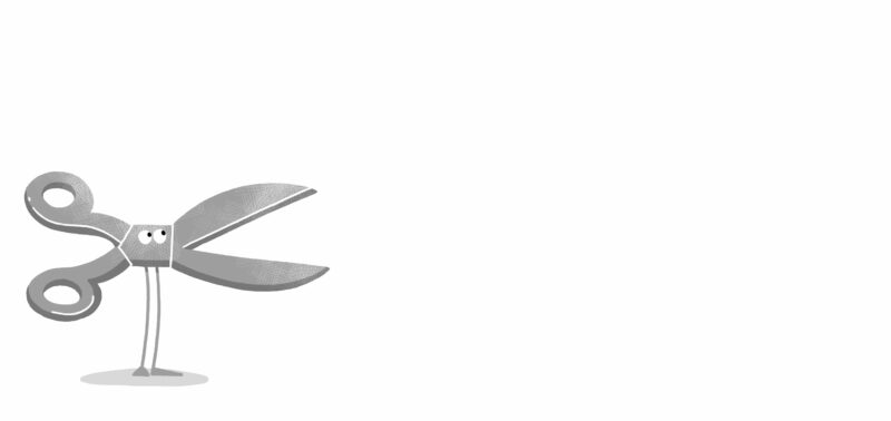 GRIMMIES | Schere "Sissi" | Illustration: Katrin Nicklas Comic-Zeichnung einer Schere auf Beinen.