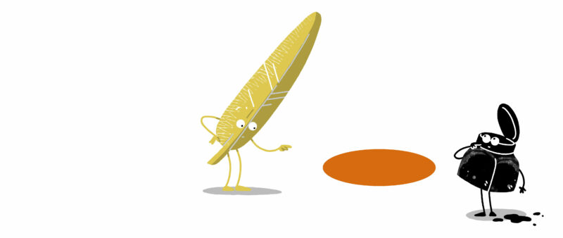 GRIMMIES | Quill "Feodor" and inkwell "Tintus" on a world tour | Illustration: Katrin Nicklas A cartoon quill and inkwell with eyes next to an orange dot.