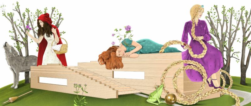 GRIMMWELT zu Gast in der GALERIA | Gesamtansicht der Märchenillustration | Illustration: Aliaa Abou Khaddour Auf der Illustration ist das Gebäude der Grimmwelt mit den drei Märchenfiguren Rotkäppchen, Dornröschen und Rapunzel zu sehen.