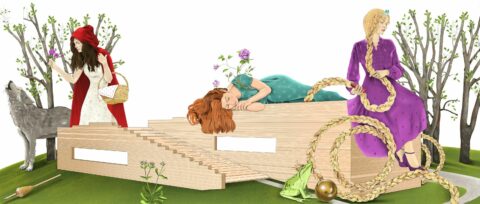 GRIMMWELT zu Gast in der GALERIA | Gesamtansicht der Märchenillustration | Illustration: Aliaa Abou Khaddour Auf der Illustration ist das Gebäude der Grimmwelt mit den drei Märchenfiguren Rotkäppchen, Dornröschen und Rapunzel zu sehen.