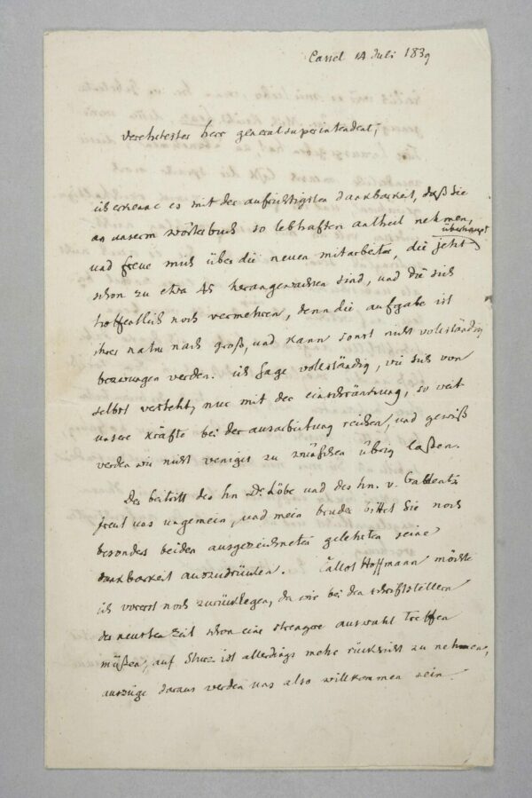 Brief von Wilhelm Grimm vermutlich an den Theologen Friedrich Hesekiel. 14. Juli 1839 | Seite 1 | © Grimm-Sammlung der Stadt Kassel