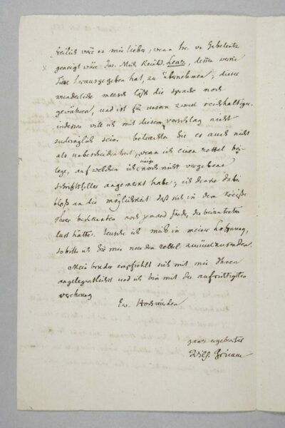 Brief von Wilhelm Grimm vermutlich an den Theologen Friedrich Hesekiel. 14. Juli 1839 | Seite 2 | © Grimm-Sammlung der Stadt Kassel Abbildung eines handschriftlichen Briefes mit der Unterschrift von Wilhelm Grimm.
