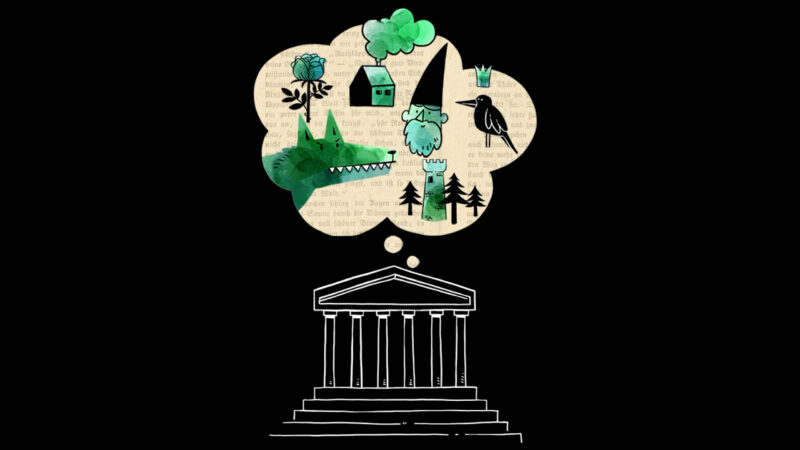 Trickfilm Kinder- und Hausmärchen | Ausschnitt zum UNESCO-Weltdokumentenerbe | Illustration: Katrin Nicklas Der Ausschnitt aus dem Trickfilm zum UNESCO-Weltdokumentenerbe zeigt Märchenfiguren über dem UNESCO-Logo.