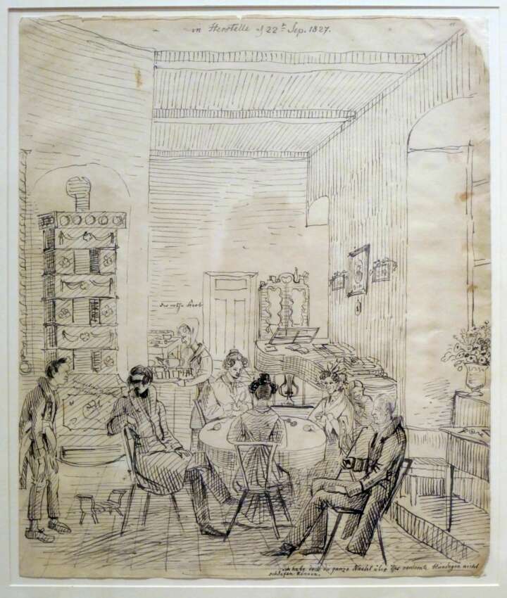 Karikatur | Einblick in eine Gesellschaft in Herstelle 1827 | Illustration: Ludwig Emil Grimm