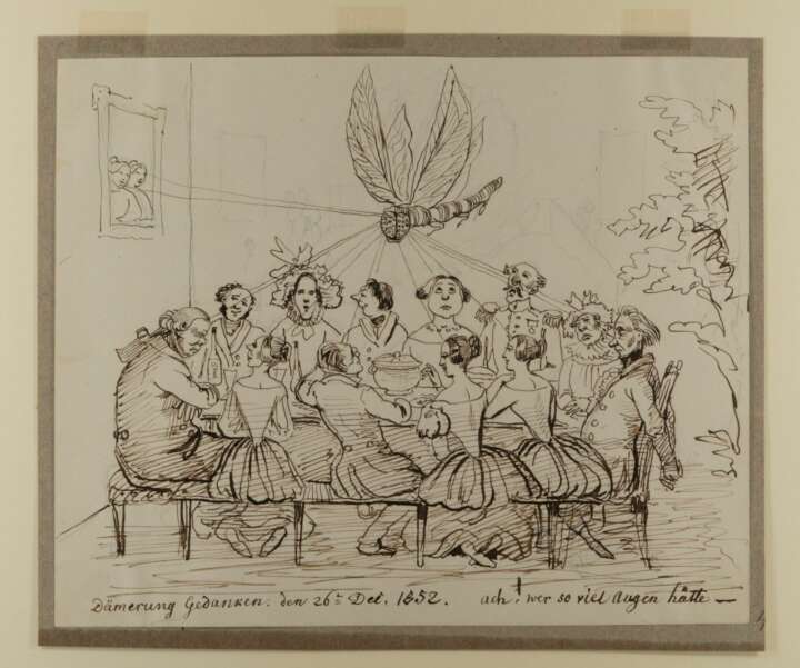 Karikatur | Dämmerungsgedanken an eine Libelle | Illustration: Ludwig Emil Grimm