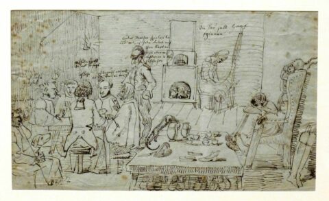 Caricature | Everyday scenes of a society | Illustration: Ludwig Emil Grimm The cartoon shows everyday scenes in a room with tables, food, men and a woman spinning.