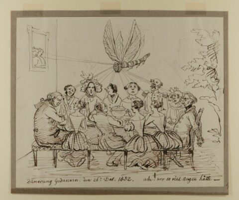 Caricature | Dawn thoughts to a dragonfly | Illustration: Ludwig Emil Grimm The cartoon shows several women and men with a dragonfly hovering above them.