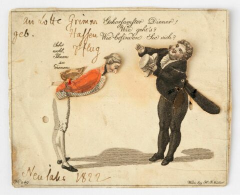 Caricature | Moving postcard to Charlotte Grimm | Illustration: Ludwig Emil Grimm The postcard shows two men whose gestures can be moved.