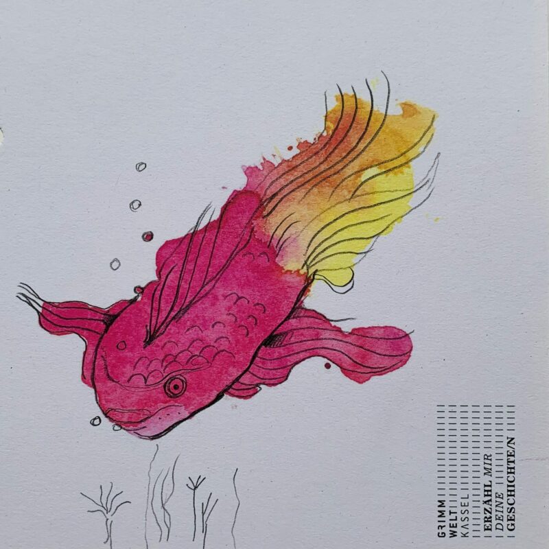 GRIMMWELT | Klecksbildgeschichten | Goldfisch | Illustration: Aliaa Abou Khaddour Ein rosa gelber Klecks, der zu einem Goldfisch wird.