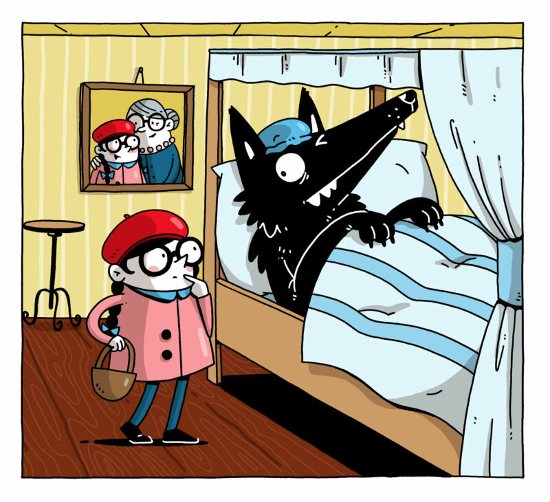 Rotkäppchen und der Wolf | Illustration: Katrin Nicklas Ein Comic-Ausschnitt von Rotkäppchen und dem Wolf.