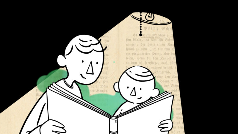 UNESCO-Trickfilm | Illustration: Katrin Nicklas Ein Mann und ein Kind schauen in ein Buch. Auszug aus einem Trickfilm.