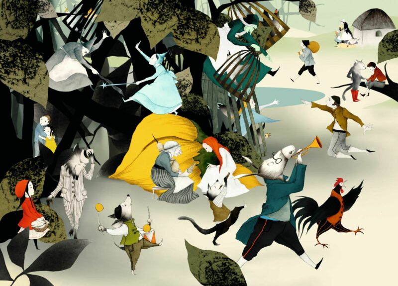 UNBOXING | Märchenwimmelbild | Illustration: Stella Dreis Das Wimmelbild zeigt verschiedene Figuren aus den Kinder- und Hausmärchen der Brüder Grimm.